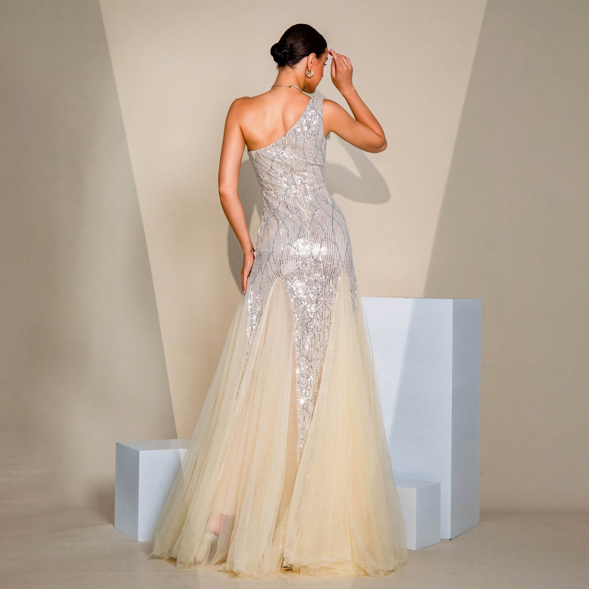 One-shoulder Diagonal Collar Slim-fit Sheath Sequined Slit Evening Dress by Mirlaine Univers