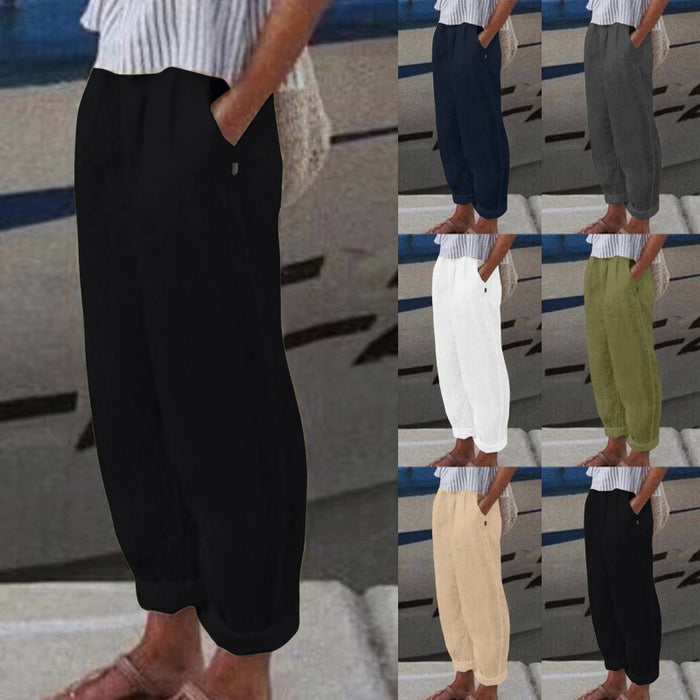 Pantalon décontracté rétro pour femme, coupe ample, taille élastique, couleur unie