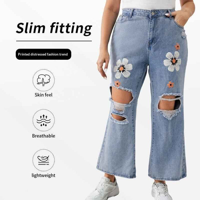 Plus-size Printed Ripped Flared Jeans For Women