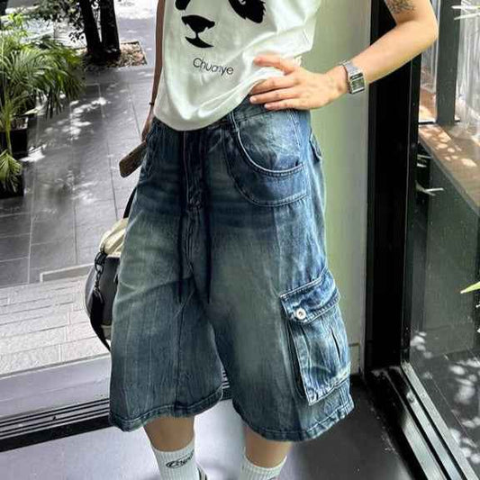 American-style Washed Loose-fit Multi-pocket Denim Capri Pants