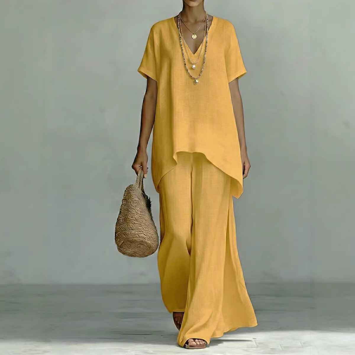 V-neck Short-sleeve Fashionable Loose Top And Wide-leg Pants Set