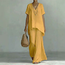 V-neck Short-sleeve Fashionable Loose Top And Wide-leg Pants Set