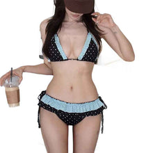 European And American Style Two-Piece Polka-Dot Contrasting Color Ruffle-Trimmed Spliced Lace-Up Backless Swimsuit