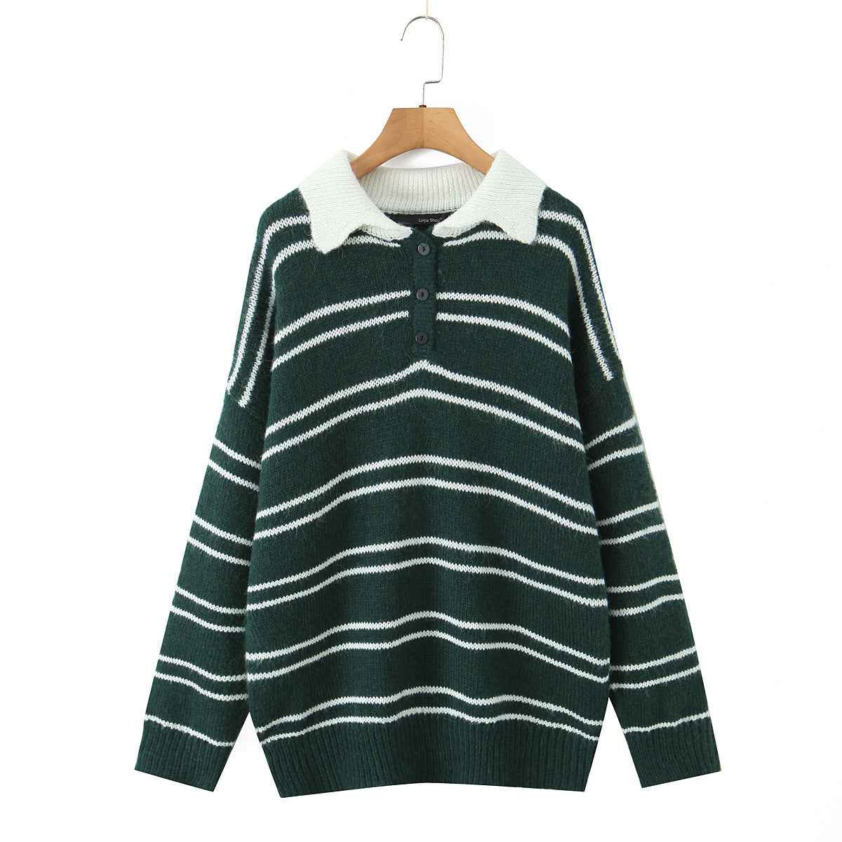American Retro Preppy-Style Color-Block Striped Lapel Knit Sweater
