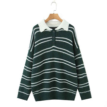 American Retro Preppy-Style Color-Block Striped Lapel Knit Sweater