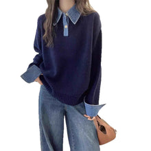 Women's Denim Sleeve Stitching Fake Two Pieces Sweaters Coat New Loose