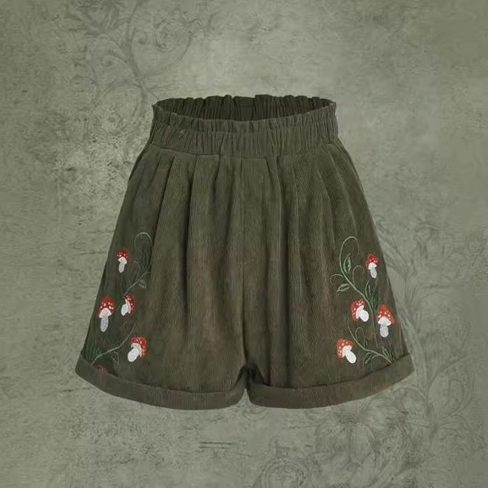 Shorts décontractés en velours côtelé à taille élastique brodés de champignons