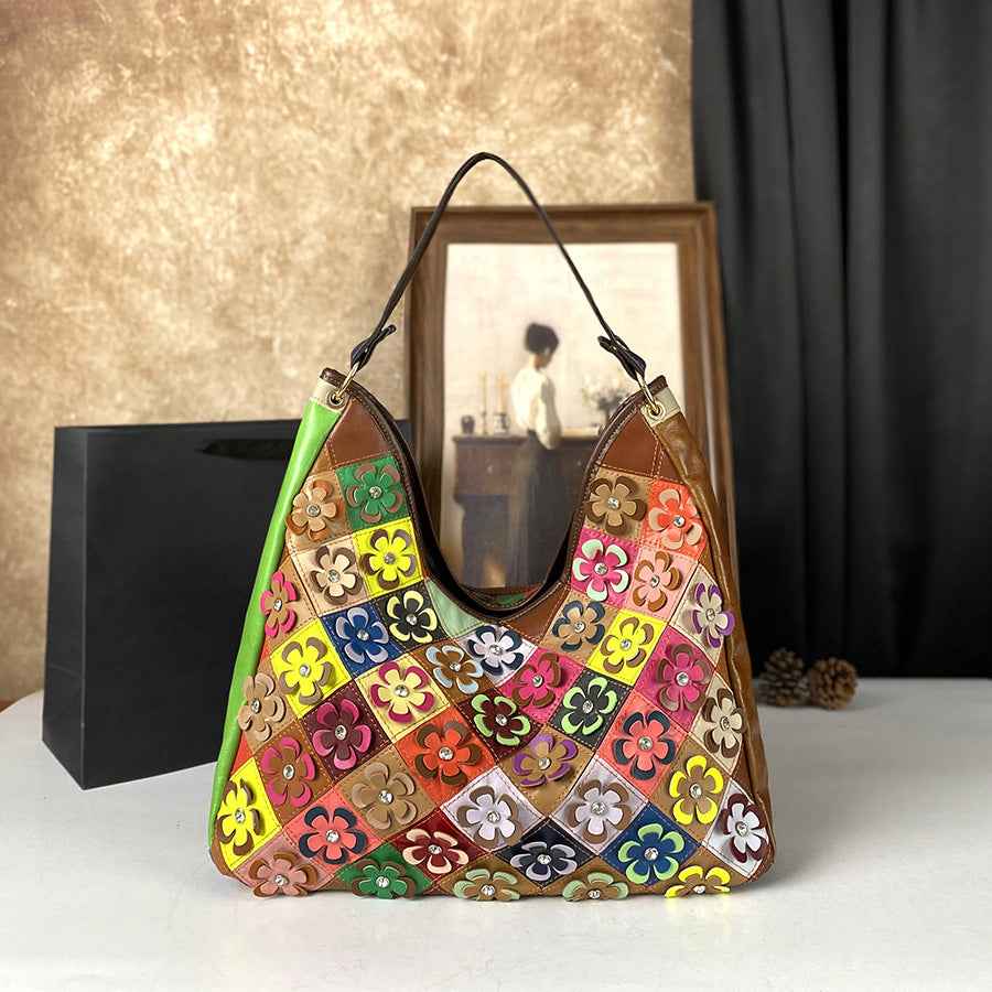 Womens Large-Capacity Bag Made From Color-Blocked First-Layer Cowhide Leather