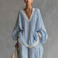Blue And White Striped Lace-trimmed Loose Set For Women