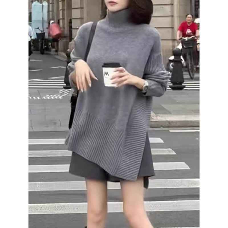 Mid-length Womens Asymmetrical High-neck Split Sweater