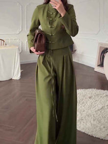 Mandarin Collar Knot Crop Top & Drawstring Wide Leg Pants 2-Piece Set