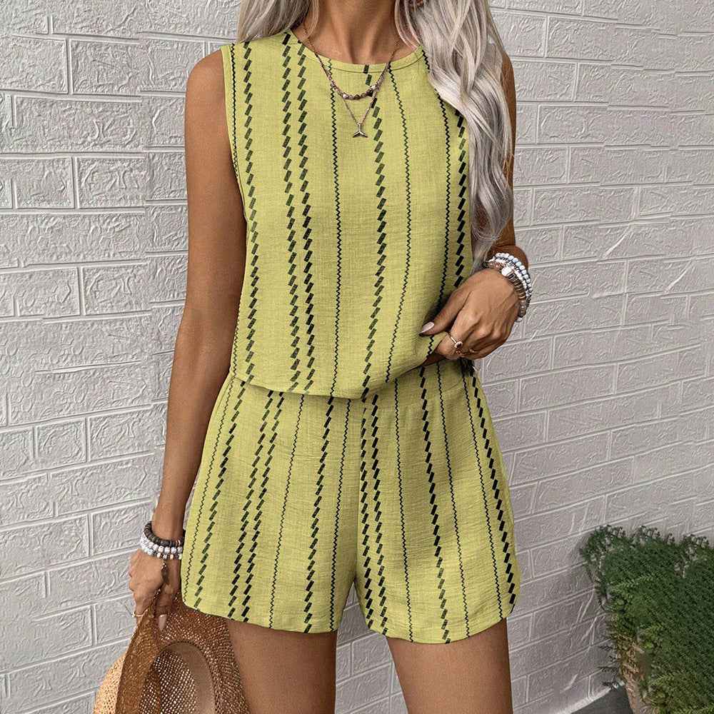 Womens Casual Striped Sleeveless Fashion Top And Shorts Two-Piece Set