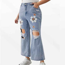 Plus-size Printed Ripped Flared Jeans For Women