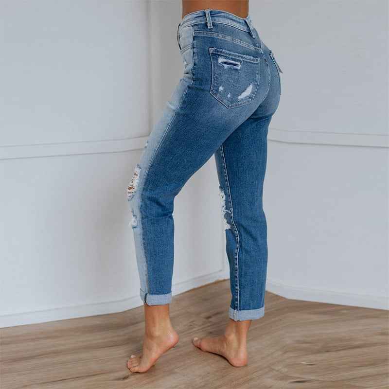 Womens Washed Gradient-Dye Ripped Jeans Fashion-Forward Style