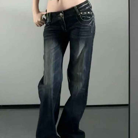 Butterfly-embroidered Low-rise Jeans Womens Y2K Vintage Style
