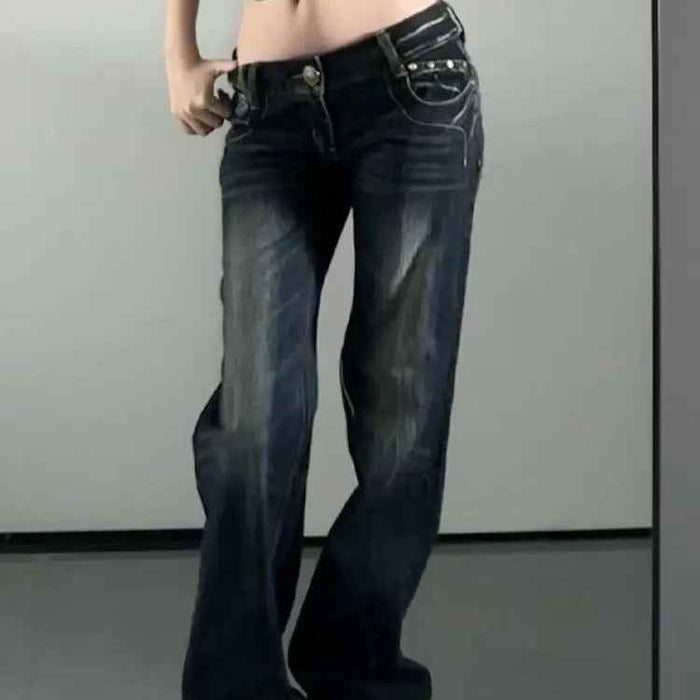Butterfly-embroidered Low-rise Jeans Womens Y2K Vintage Style
