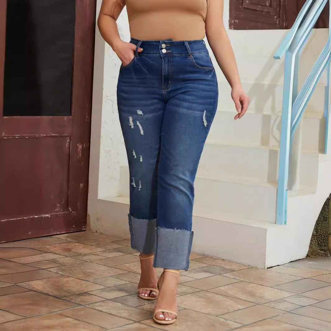 Womens High-Waist Straight-Leg Ripped Stretch Jeans
