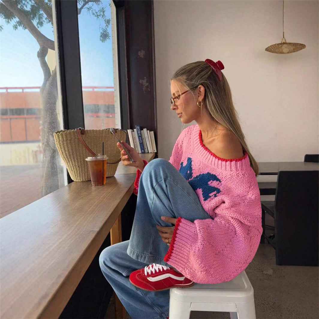 Retro Contrasting Color Jacquard Knit Loose Casual Sweater