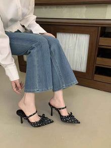 2026 Summer New Women's Polka Dot Pointed Toe High Heels, Bow Backless Mule Sandals, Slim Heel Closed Toe Slide Sandals For Women