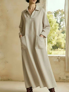 Loose-fitting Casual Polo-neck Pocketed Long-sleeve Dress