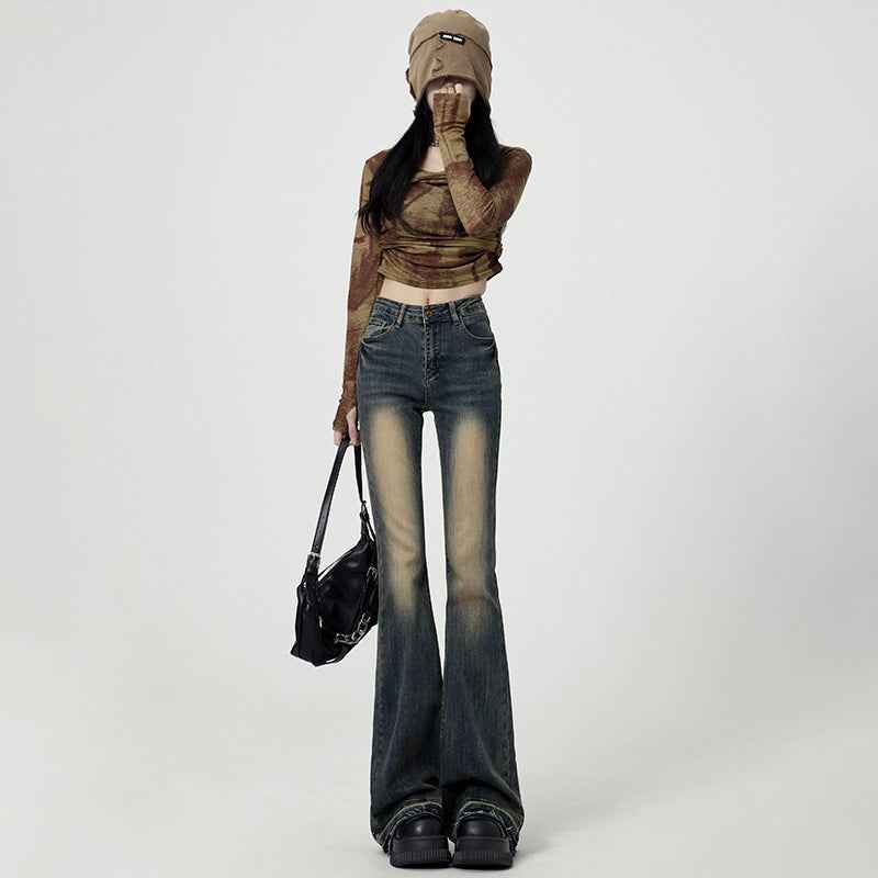 Retro Washed High-Waist Flared Jeans For Women