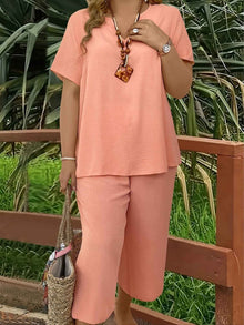 Solid-color V-neck Short-sleeve Top And Wide-leg Pants
