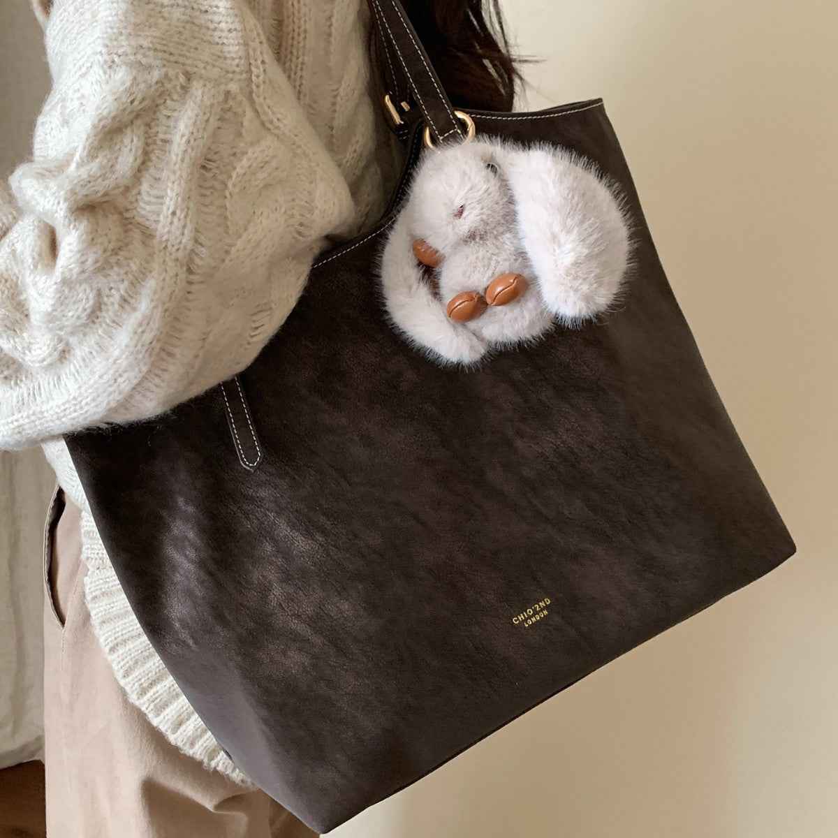Coffee-Colored Commuter Tote Shoulder Bag With Large Capacity