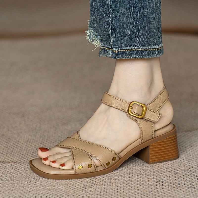 French Style Mid Heel Open Toe Sandals For Women Summer