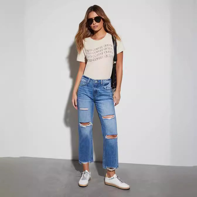 Womens Casual Long Denim Jeans With Rips
