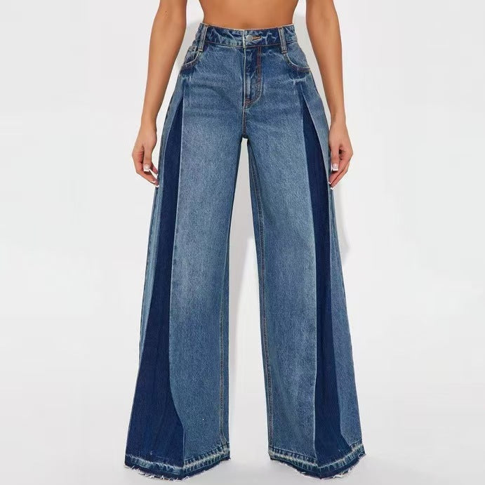 Jeans amples à jambe large extensibles avec couleurs contrastées pour femme