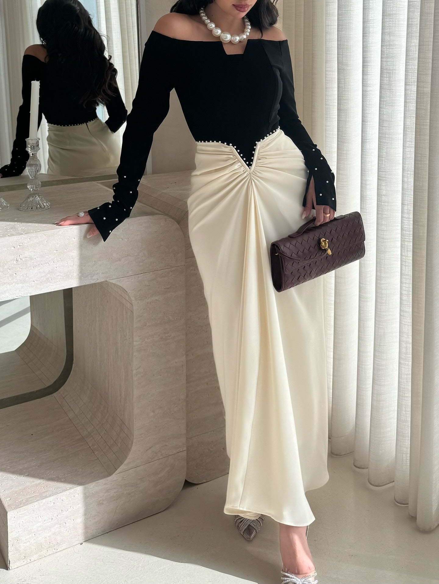 Elegant Sheath Dress With Color-blocking And Pearl Embellishments by Mirlaine Univers