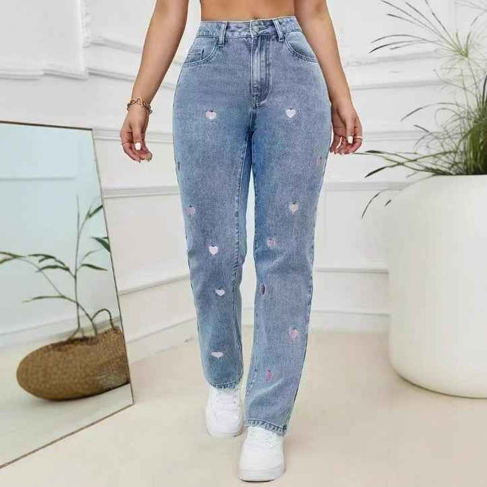 Pantalon en jean pour femme, coupe droite, ample et extensible, à broderies affectueuses