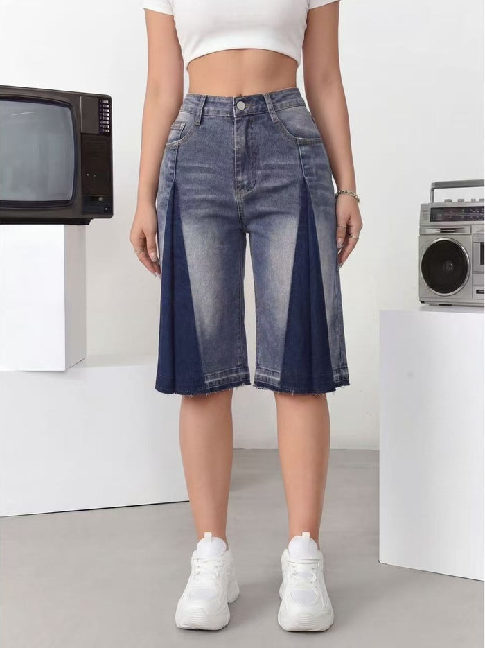 Bermuda en jean taille haute pour femme à blocs de couleurs, culotte en jean vintage délavé à jambe large et droite avec ourlet effiloché