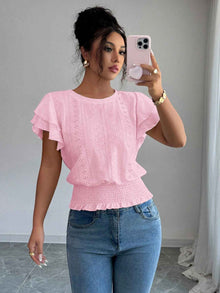 Jacquard Solid-color Crewneck Ruched Batwing-sleeve Short-sleeve Shirt