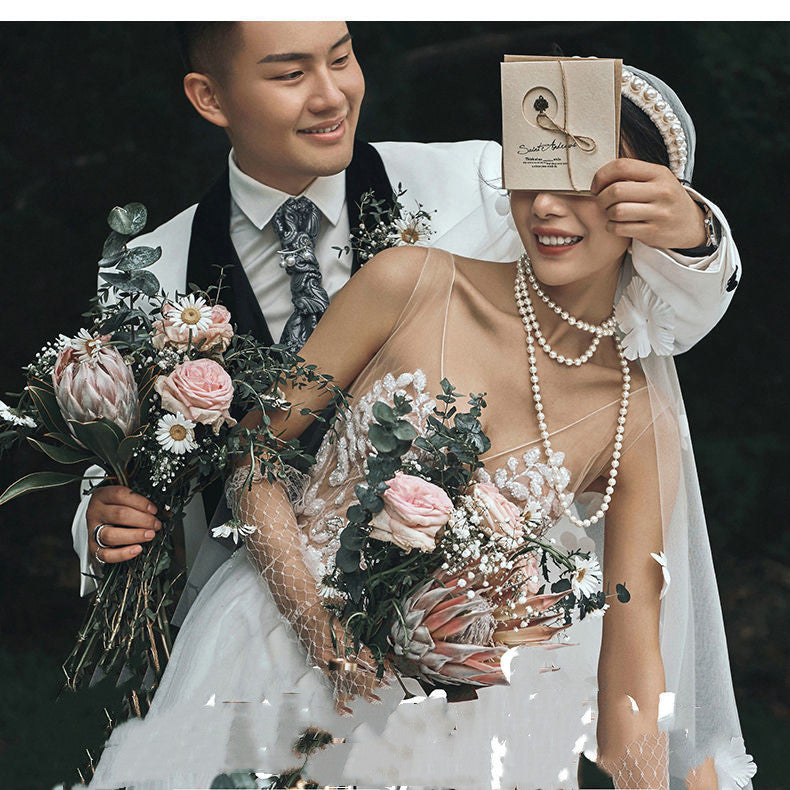 Lace V-neck Summer Couple Photo Shoot Travel Wedding Dress by Mirlaine Univers