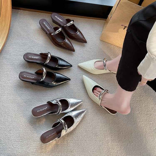 Elegant Pointed Toe Metal One-Strap Mules 2025 Summer New Wedge Heel Platform Sandals For Women
