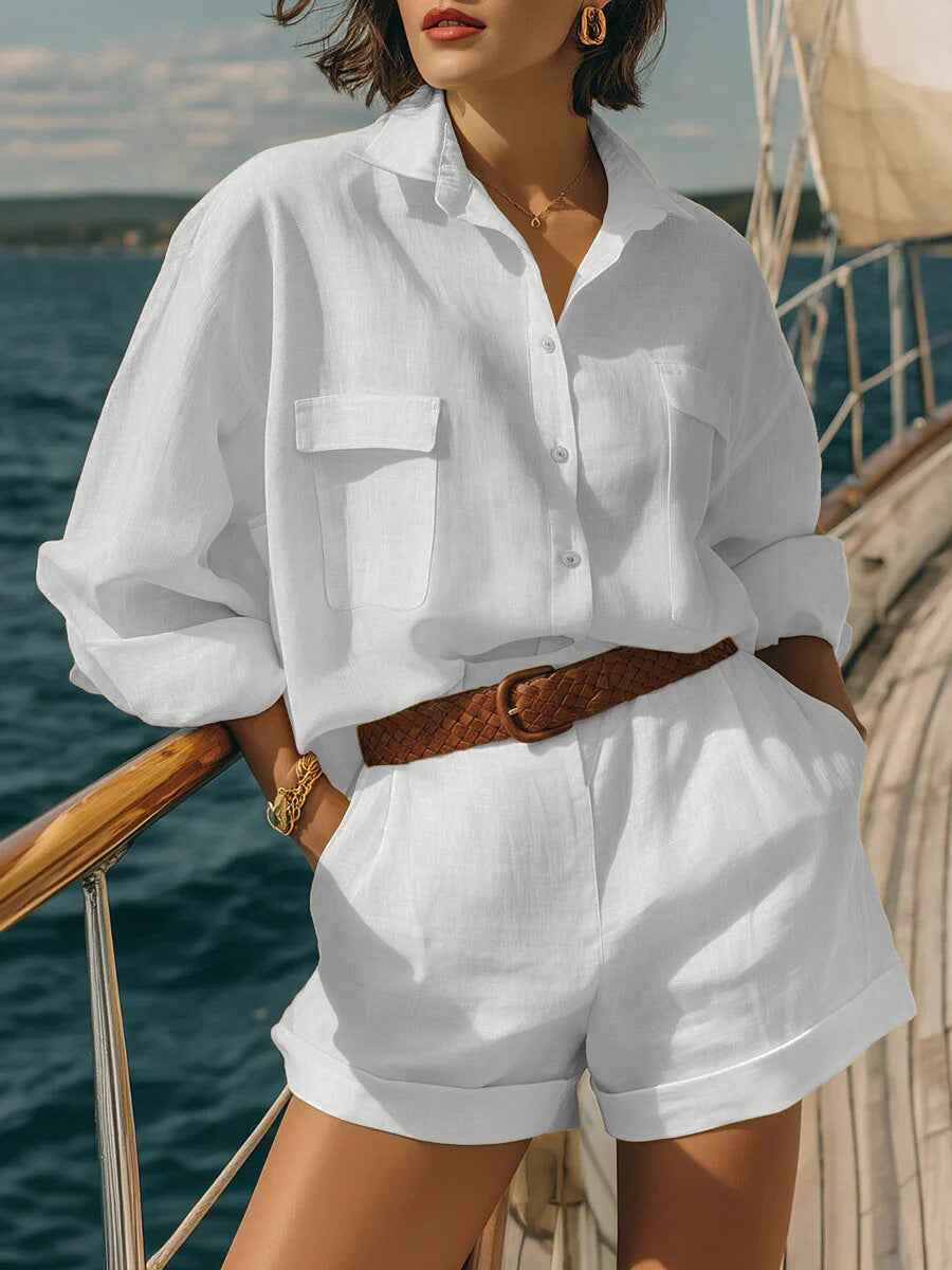 Cotton-linen Loose-fit Button-down Shirt And Shorts Fashion Casual Set