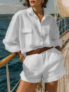 Cotton-linen Loose-fit Button-down Shirt And Shorts Fashion Casual Set