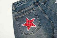 American-style Retro Plaid Patchwork Denim Shorts For Women