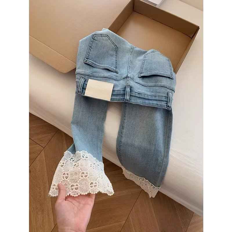 Women's Fashionable Retro Lace Straight-Leg Denim Jeans