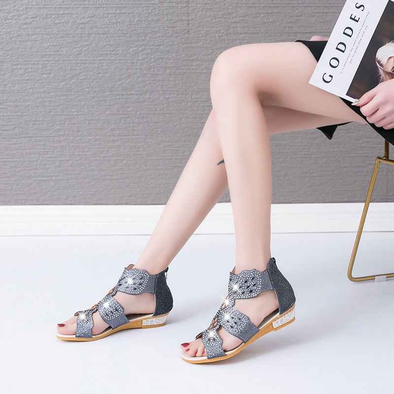 Summer New Fashion Flat Casual Open Toe Rhinestone Hollow Sandals For Women