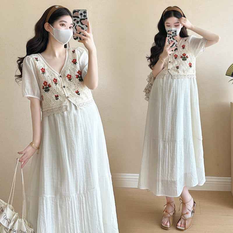 Fashionable Crochet Vest-Look Fake Two-Piece Maternity Dress