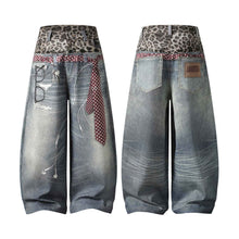 Leopard-print, Two-piece-look Washed And Distressed Denim Jeans