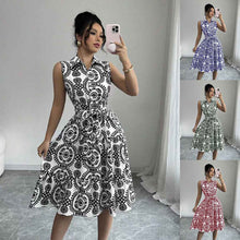 Stylish Printed Sleeveless Lace-Up Waist-Cinching Dress
