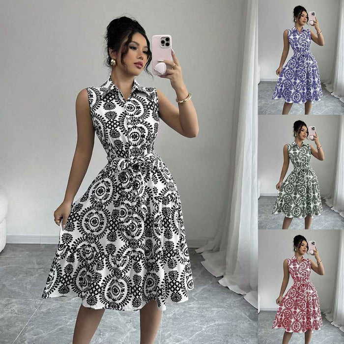 Stylish Printed Sleeveless Lace-Up Waist-Cinching Dress