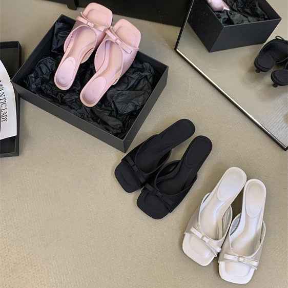 French-style Sophisticated Bow-tie Square-toe Open-toe Stiletto Sandals For Women