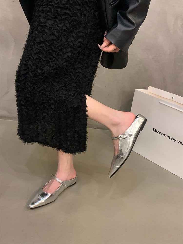 French Retro Slip-On Flats For Women 2026 Spring New Arrival, Pointed Toe Fashion Shoes, Closed Toe Backless Low Heel Sandals