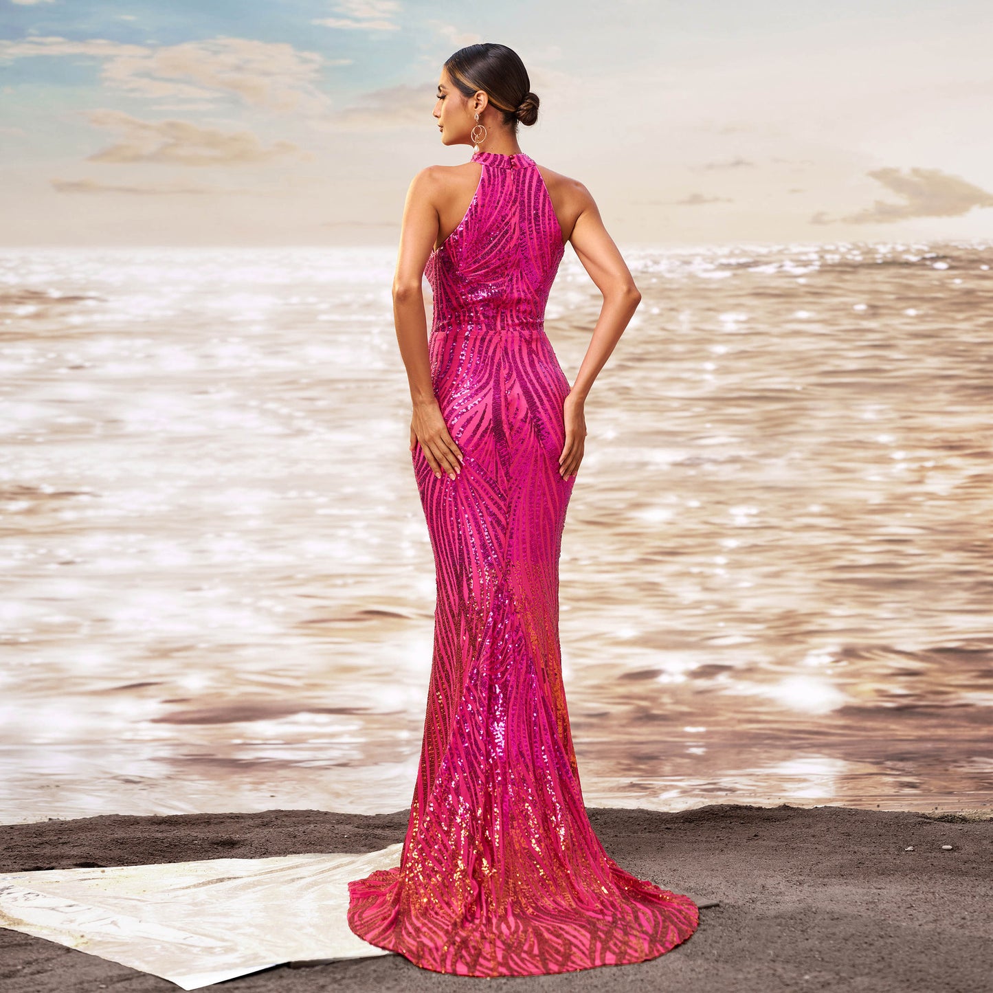 Round Neck Off-the-shoulder Slim-fit Sheath Sequined Banquet Fishtail Evening Dress by Mirlaine Univers