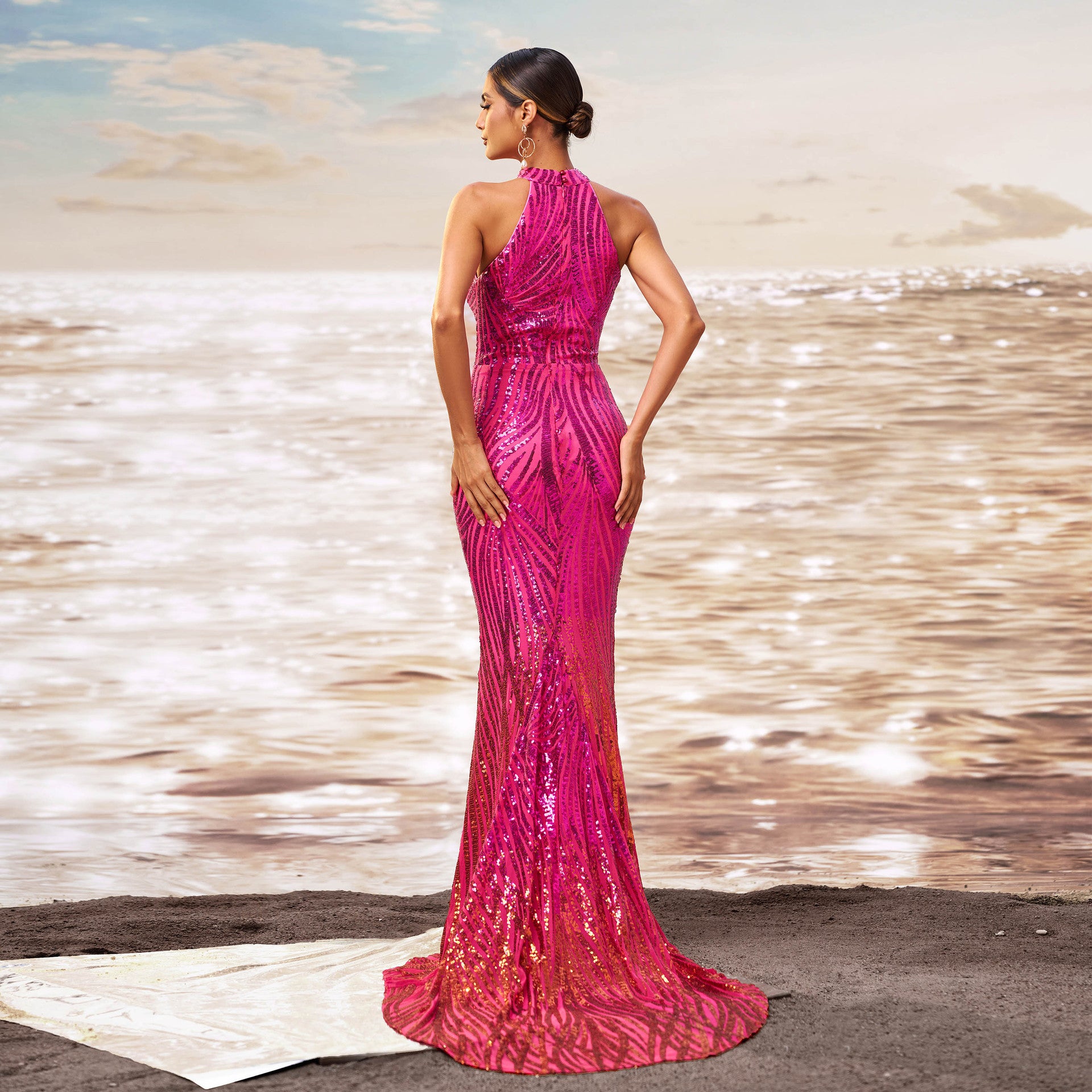 Round Neck Off-the-shoulder Slim-fit Sheath Sequined Banquet Fishtail Evening Dress by Mirlaine Univers