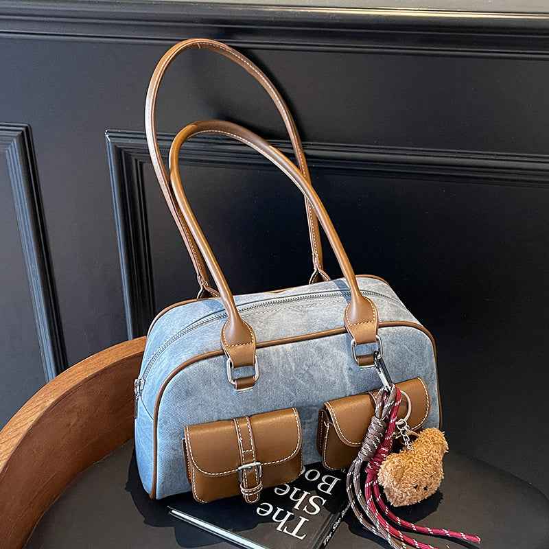 Retro Niche Color-block Commuter Handbag With A Chic Boston-style Underarm Design